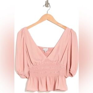 NWT Wayf Blush Pink Puff Sleeve Smocked Peplum Crop Top M